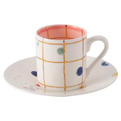 Pre-owned Coralla Maiuri Set Of 2 Palm Beach Straight Coffee Cup & Saucer In Gold