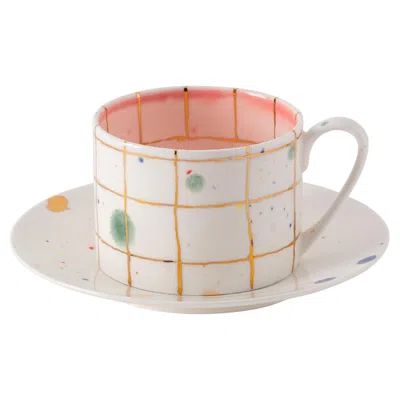 Pre-owned Coralla Maiuri Set Of 2 Palm Beach Straight Teacup & Saucer In Gold