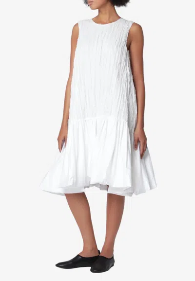 Cordera Balloon-hem Crinkle Midi Dress In White