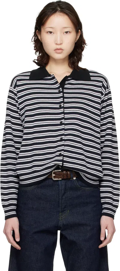 Cordera Black & White Merino Wool Striped Polo Cardigan