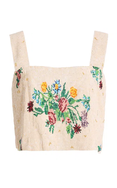 Cordera Exclusive La Isla Floral Beaded Top In Neutral