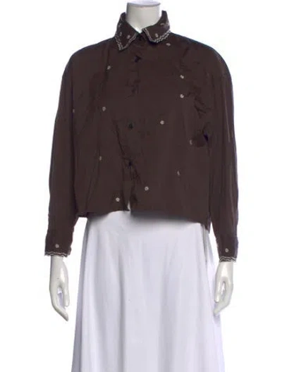 Pre-owned Cordera Floral Print Long Sleeve Button-up Top In Brown