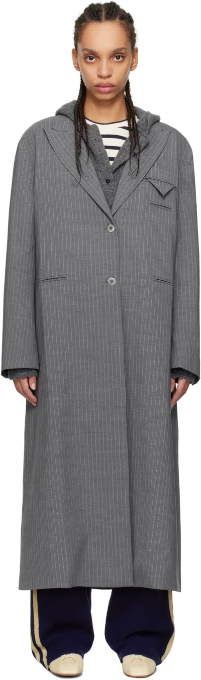 Cordera Gray Long Wool Pinstripe Coat