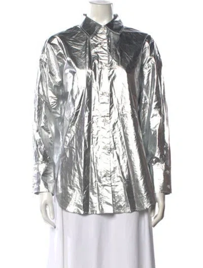 Pre-owned Cordera Long Sleeve Button-up Top In Silver