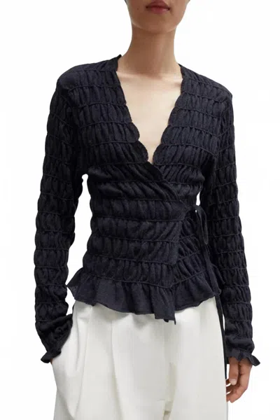 Cordera Merino Wool Gathered Cardigan In Anthracite In Blue