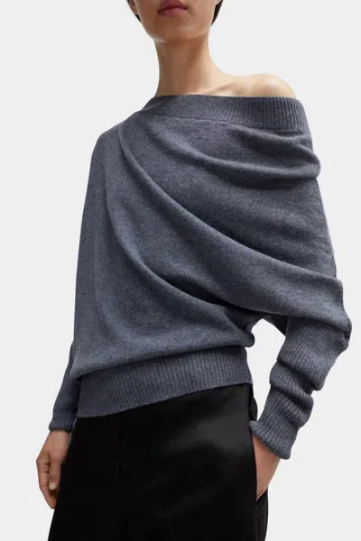 Cordera Merino Wool Off Shoulder Sweater In Grey In Blue