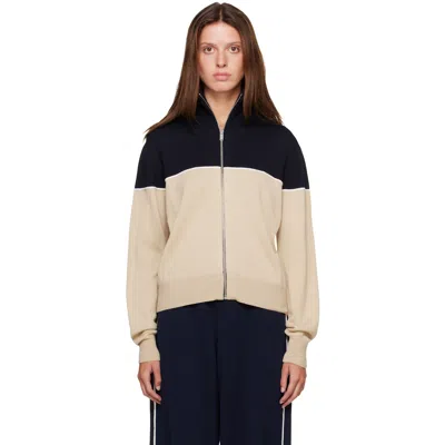 Cordera Off-white & Navy Extrafine Merino Wool Sporty Cardigan In Colorblock