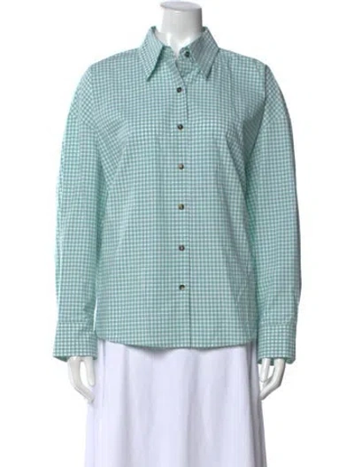 Pre-owned Cordera Plaid Print Long Sleeve Button-up Top In Blue