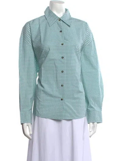 Pre-owned Cordera Plaid Print Long Sleeve Button-up Top In Blue