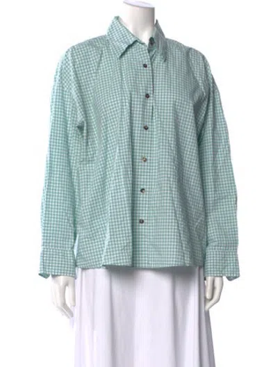 Pre-owned Cordera Plaid Print Long Sleeve Button-up Top In Green