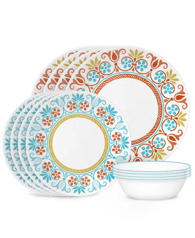 Corelle Global Collection Terracotta Dreams 12 Pc. Dinnerware Set, Service For 4 In Vibrant Teal,muted Yellow,terracotta O