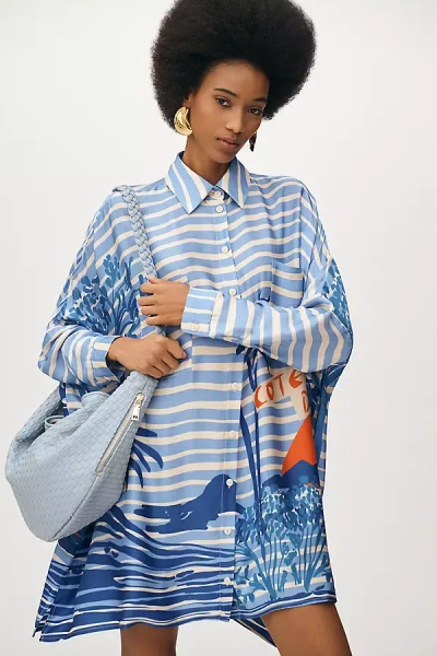 Corey Lynn Calter Long-sleeve Printed Mini Shirt Dress In Blue