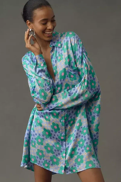 Corey Lynn Calter Long-sleeve Printed Mini Shirt Dress In Blue