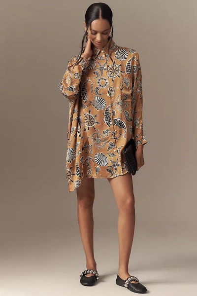 Corey Lynn Calter Long-sleeve Printed Mini Shirt Dress In Brown