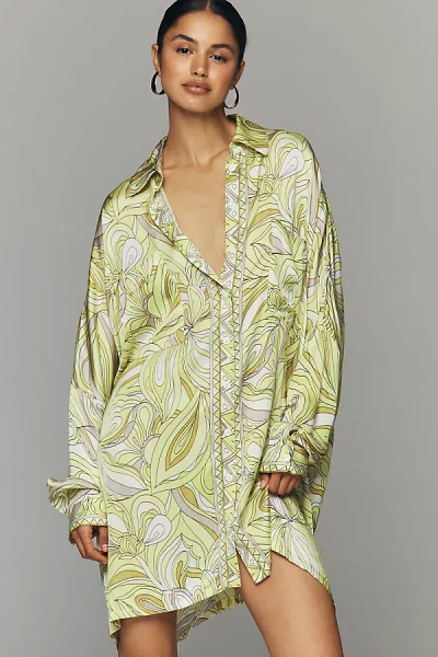 Corey Lynn Calter Long-sleeve Printed Mini Shirt Dress In Green