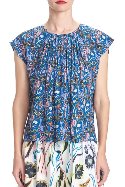 Corey Lynn Calter Maggie Pleat Neck Floral Top In Teal In Blue