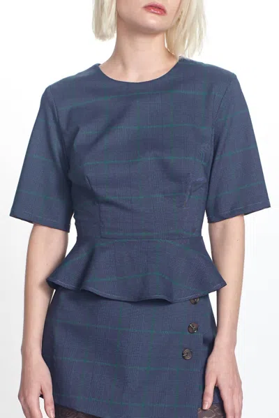 Corey Lynn Calter Yolanda Plaid Peplum In Navy In Blue