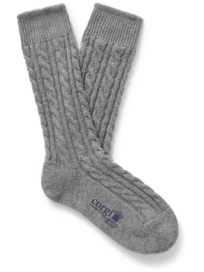 Corgi Socks Men's Cashmere Handmade Cable Socks In Grey In Gray