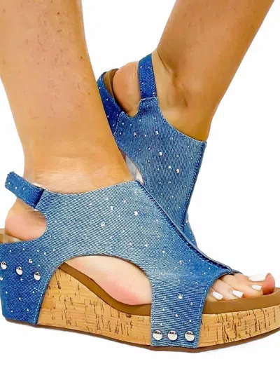 Corkys Footwear Carley Rhinestone Wedge In Light Denim In Blue