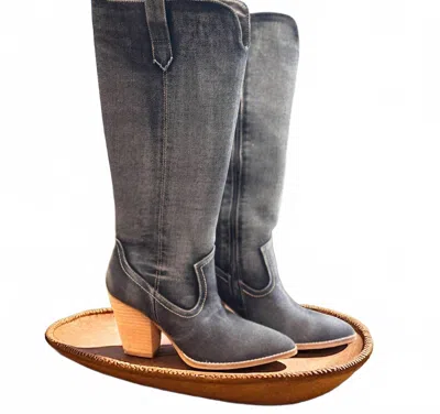 Corkys Footwear Low Places Knee High Western Boots In Washed Dark Blue Denim In Gray
