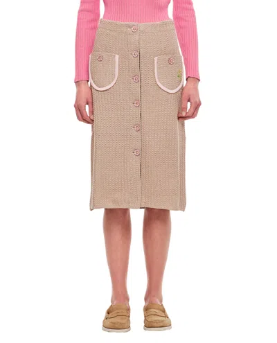 Cormio Beige Knit Midi Skirt With Embroidered Flower Pockets In Brown