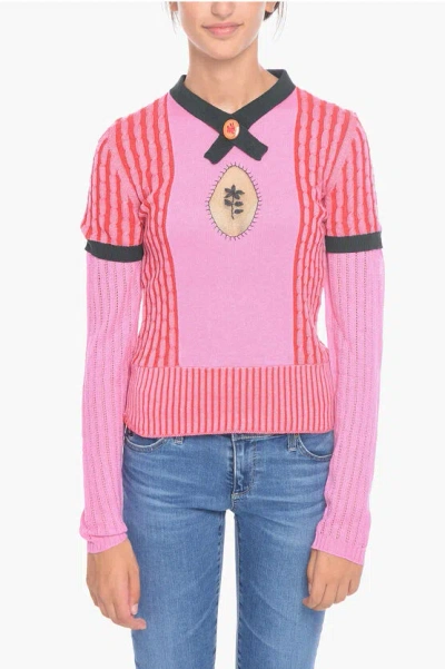 Cormio Cable-knit Cotton Blend Kirby Jumper With Embroidered Tulle In Pink