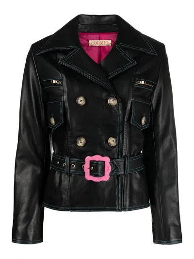 Cormio Double-breasted Belted Leather Jacket In Black
