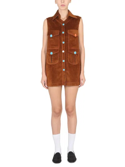 Cormio Ribbed Texture Dress Front Pockets In Brown