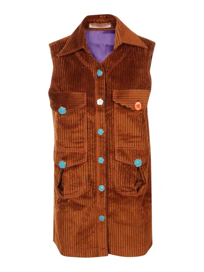 Cormio Ribbed Texture Dress Front Pockets In Brown