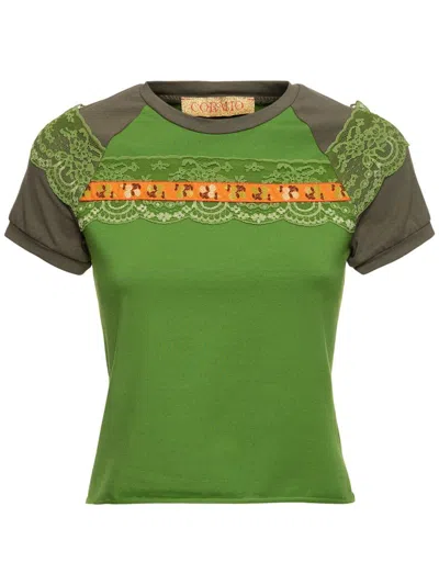 Cormio Lace-trimmed Cropped T-shirt In Green