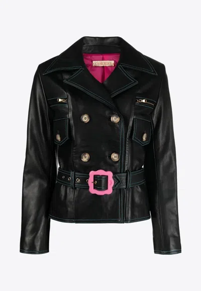 Cormio Double-breasted Belted Leather Jacket In Black