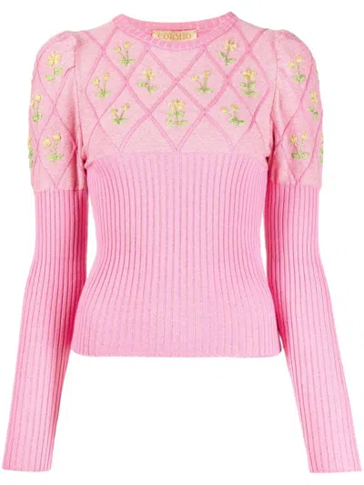 Cormio Crew-neck Wool Blend Sweater With Floral Embroideries In Yellow