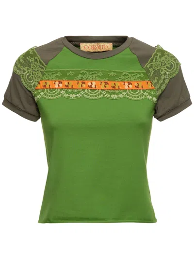 CORMIO GREEN LACE-PANELLING RAGLAN T-SHIRT