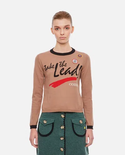 Cormio Long Sleeve Knitted T-shirt With Intarsio Motto In Brown
