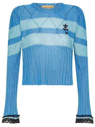 Cormio Olaf Long Sleeve Viscose Jumper W/ Lace In Blu