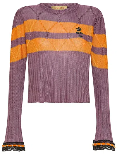 Cormio Olaf Long Sleeve Viscose Jumper W/ Lace In Purple