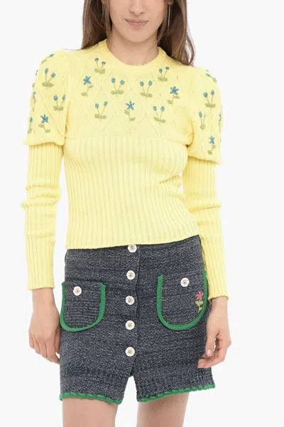 Cormio Ribbed Crew-neck Sweater With Lurex Embroideries In Yellow