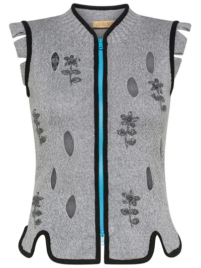 Cormio Perri Cardigan In Cotton Blend With Flowers And Holes In Grigio