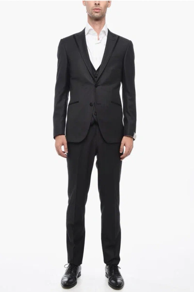Corneliani 3 Piece Cerimonia Academy Suit With Satin Details In Black
