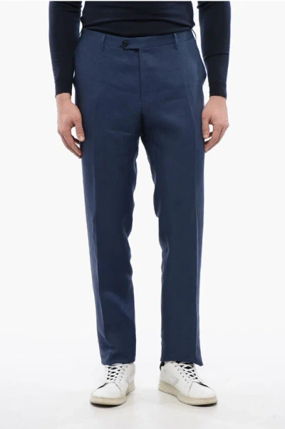 Corneliani 4-pocketed Academy Pure Linen Pants In Blue