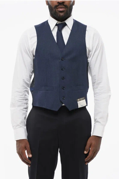 Corneliani 5 Buttons Leader Wool Vest With Jetted Pockets In Blue