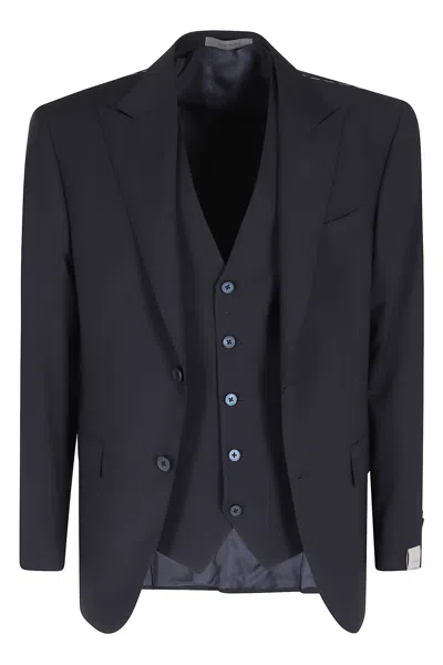 Corneliani Abito Con Gilet Tela Di Lana In Black