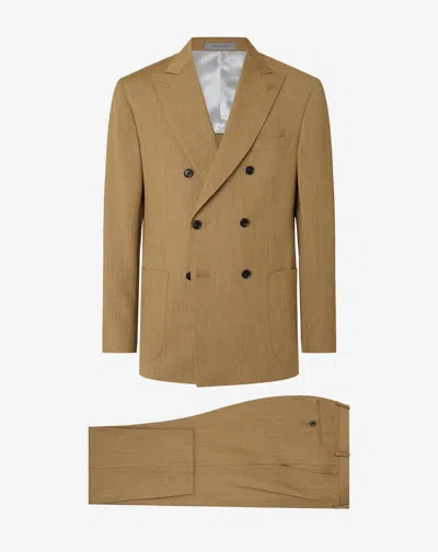 Corneliani Beige Double-breasted Wool, Silk And Linen Suit In Brown