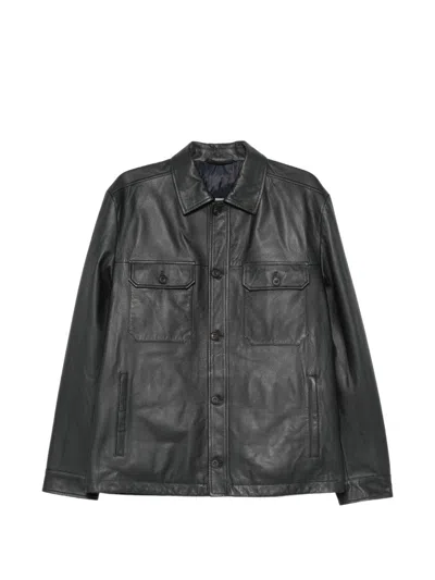 Corneliani Black Leather Shirt Jacket With Buttons