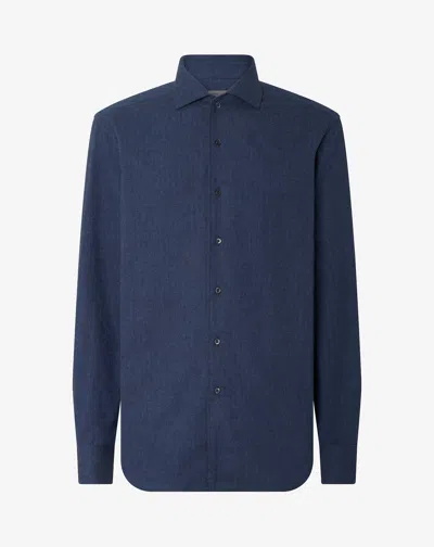 Corneliani Blue Cotton Flannel Shirt With Herringbone Pattern