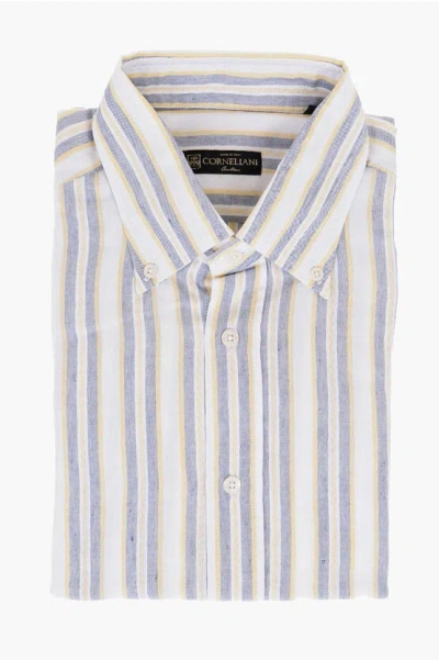 Corneliani Button-down Linen Blend Shirt With Balanced Stripe Motif In White