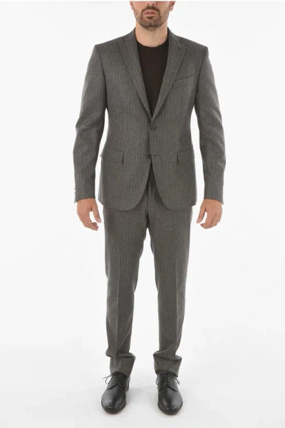 Corneliani Cc Collection Chalkstriped Virgin Wool Suit With Iconic Beet In Grey
