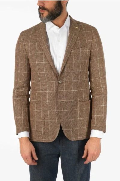 Corneliani Cc Collection Cotton And Linen Checked Right Blazer In Brown