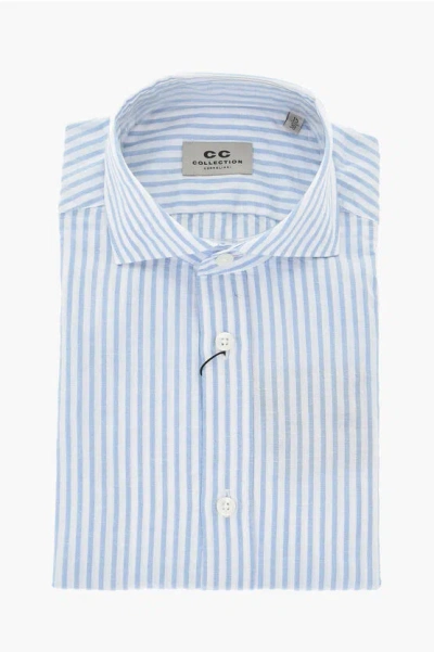 Corneliani Cc Collection Cotton Shirt With Awning Stripes In Blue