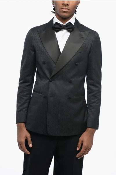 Corneliani Cc Collection Double-breasted Cerim. Reward Jacquard Virgin In Black